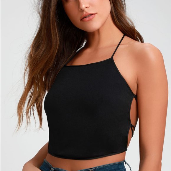 NWT Lulu's Intrigue Black Lace-Up Crop Top Size M/L - Picture 1 of 6